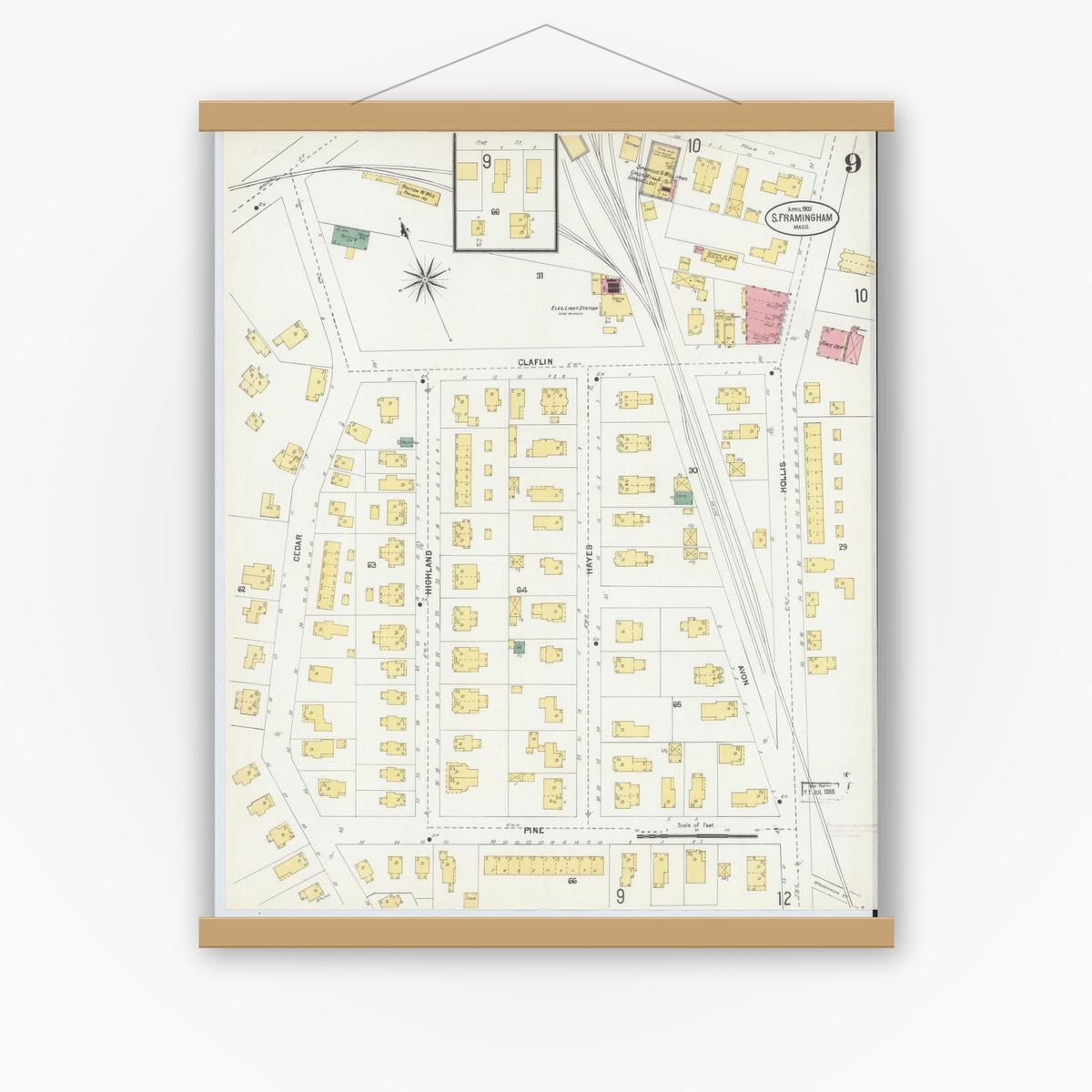Old map wall art mockup — magnetic wood frame on white wall — Sanborn Fire Insurance Map from South Farmington, Middlesex County, Massachusetts (1903), Sheet #0009