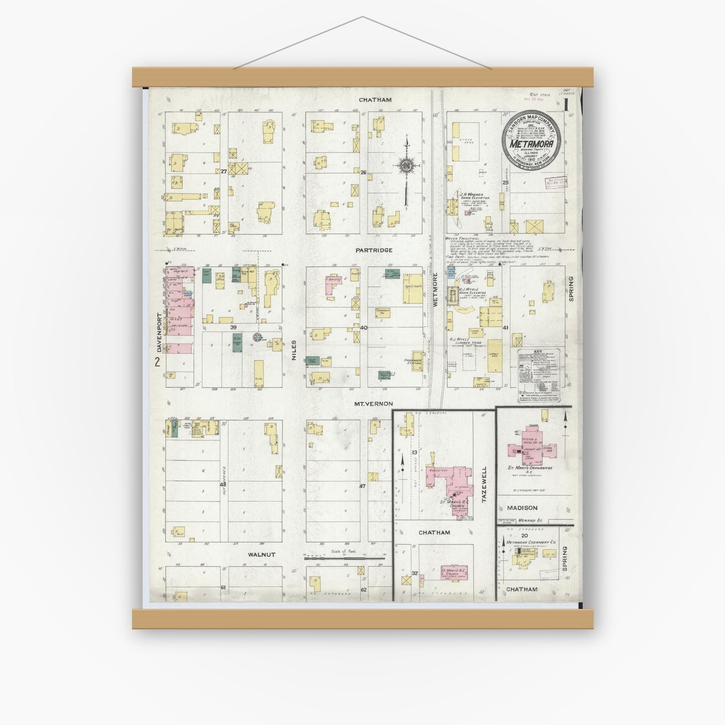 Old map wall art mockup — magnetic wood frame on white wall — Sanborn Fire Insurance Map from Metamora, Woodford County, Illinois (1910) - Complete Map Set