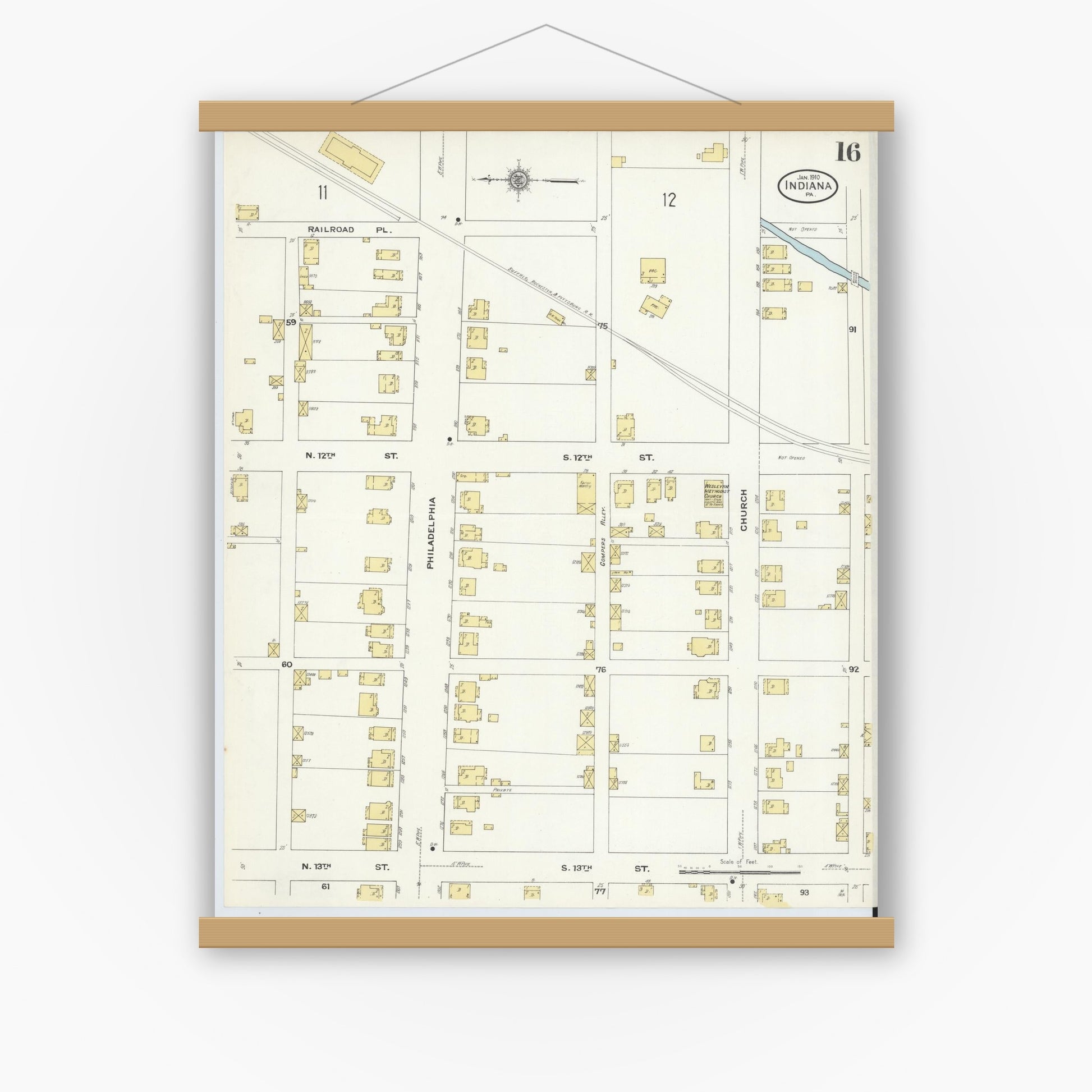 Old map wall art mockup — magnetic wood frame on white wall — Sanborn Fire Insurance Map from Indiana, Indiana County, Pennsylvania (1910), Sheet #0016
