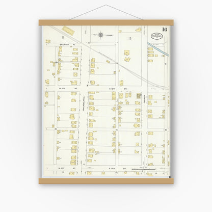 Old map wall art mockup — magnetic wood frame on white wall — Sanborn Fire Insurance Map from Indiana, Indiana County, Pennsylvania (1910), Sheet #0016