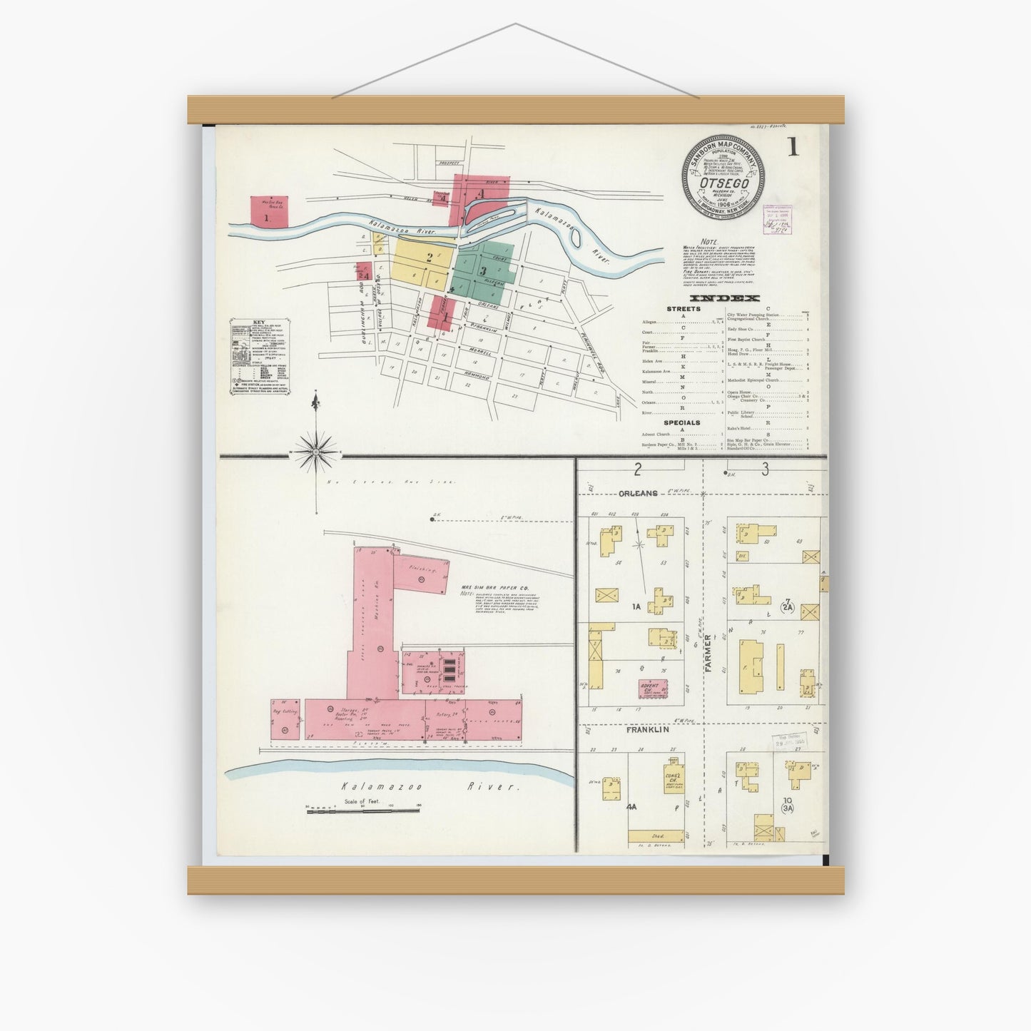 Old map wall art mockup — magnetic wood frame on white wall — Sanborn Fire Insurance Map from Otsego, Allegan County, Michigan (1906), Sheet #0001