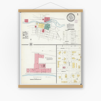 Old map wall art mockup — magnetic wood frame on white wall — Sanborn Fire Insurance Map from Otsego, Allegan County, Michigan (1906), Sheet #0001