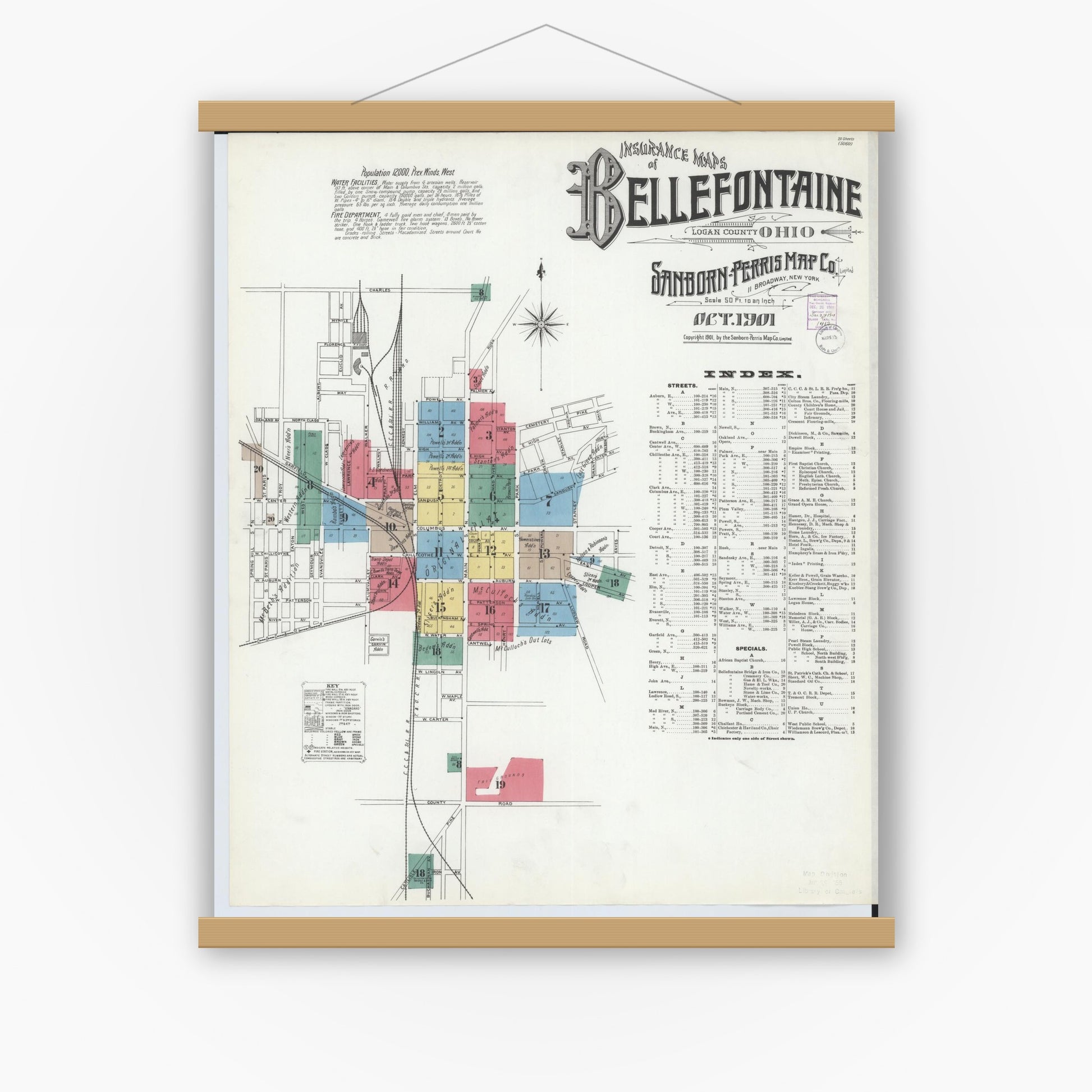 Old map wall art mockup — magnetic wood frame on white wall — Sanborn Fire Insurance Map from Bellefontaine, Logan County, Ohio (1901) - Complete Map Set