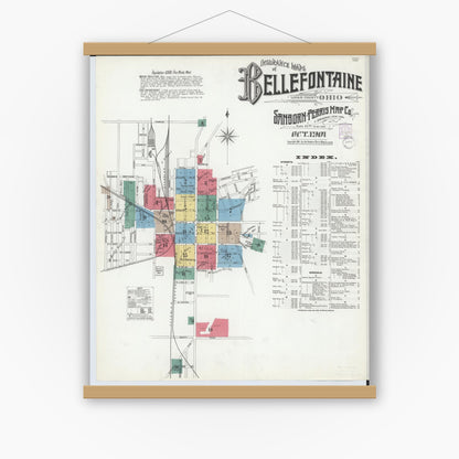 Old map wall art mockup — magnetic wood frame on white wall — Sanborn Fire Insurance Map from Bellefontaine, Logan County, Ohio (1901) - Complete Map Set