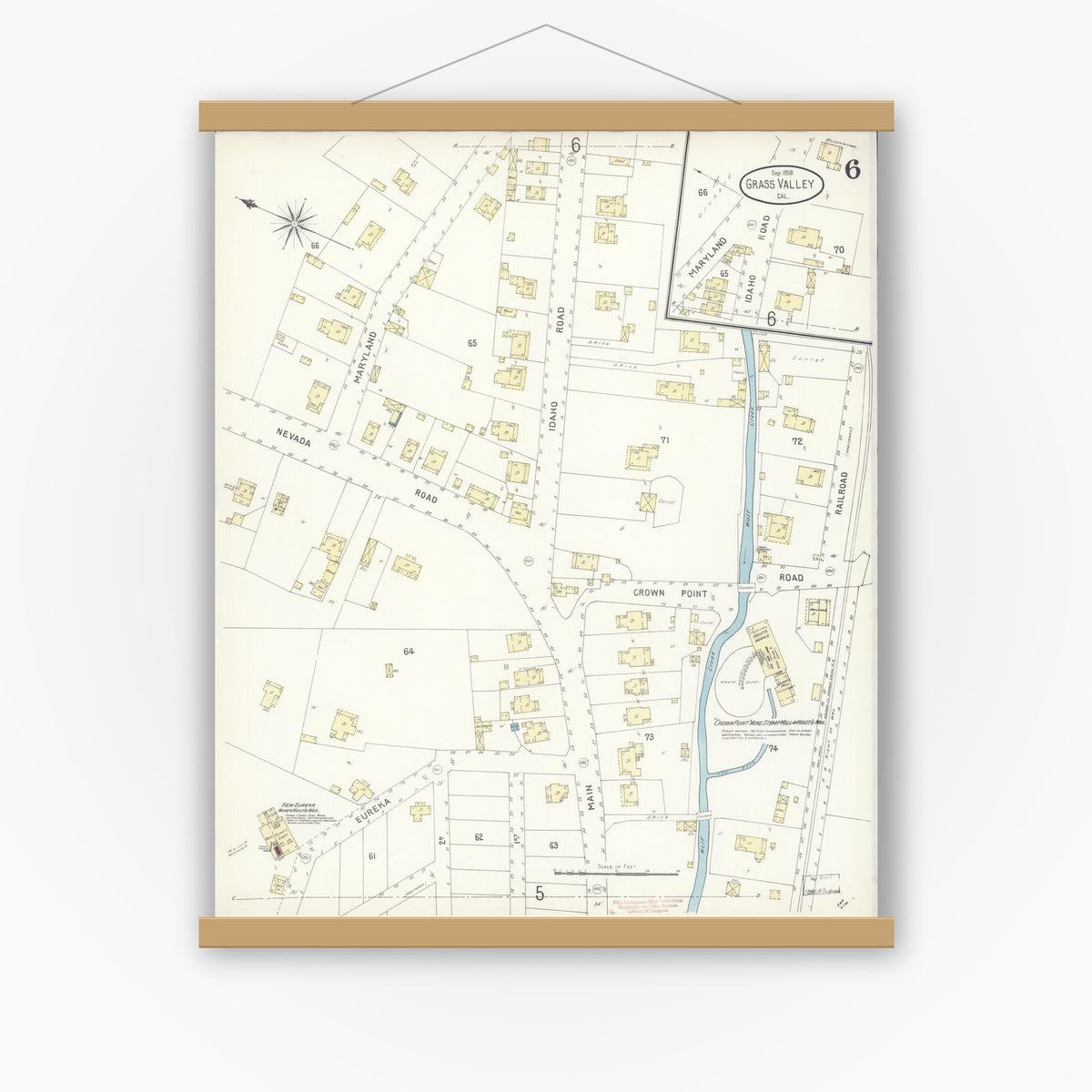 Old map wall art mockup — magnetic wood frame on white wall — Sanborn Fire Insurance Map from Grass Valley, Nevada County, California (1898), Sheet #0005
