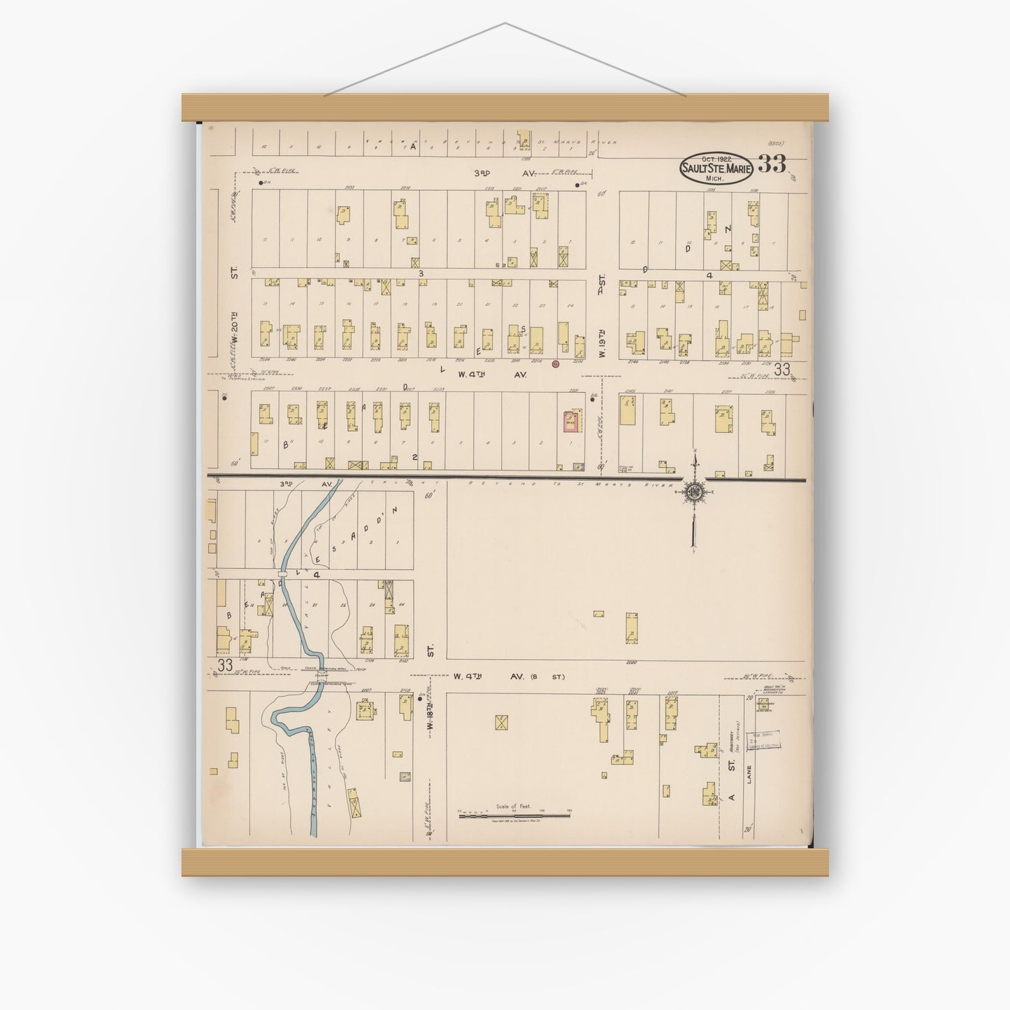 Old map wall art mockup — magnetic wood frame on white wall — Sanborn Fire Insurance Map from Sault Sainte Marie, Chippewa County, Michigan (1922), Sheet #0033