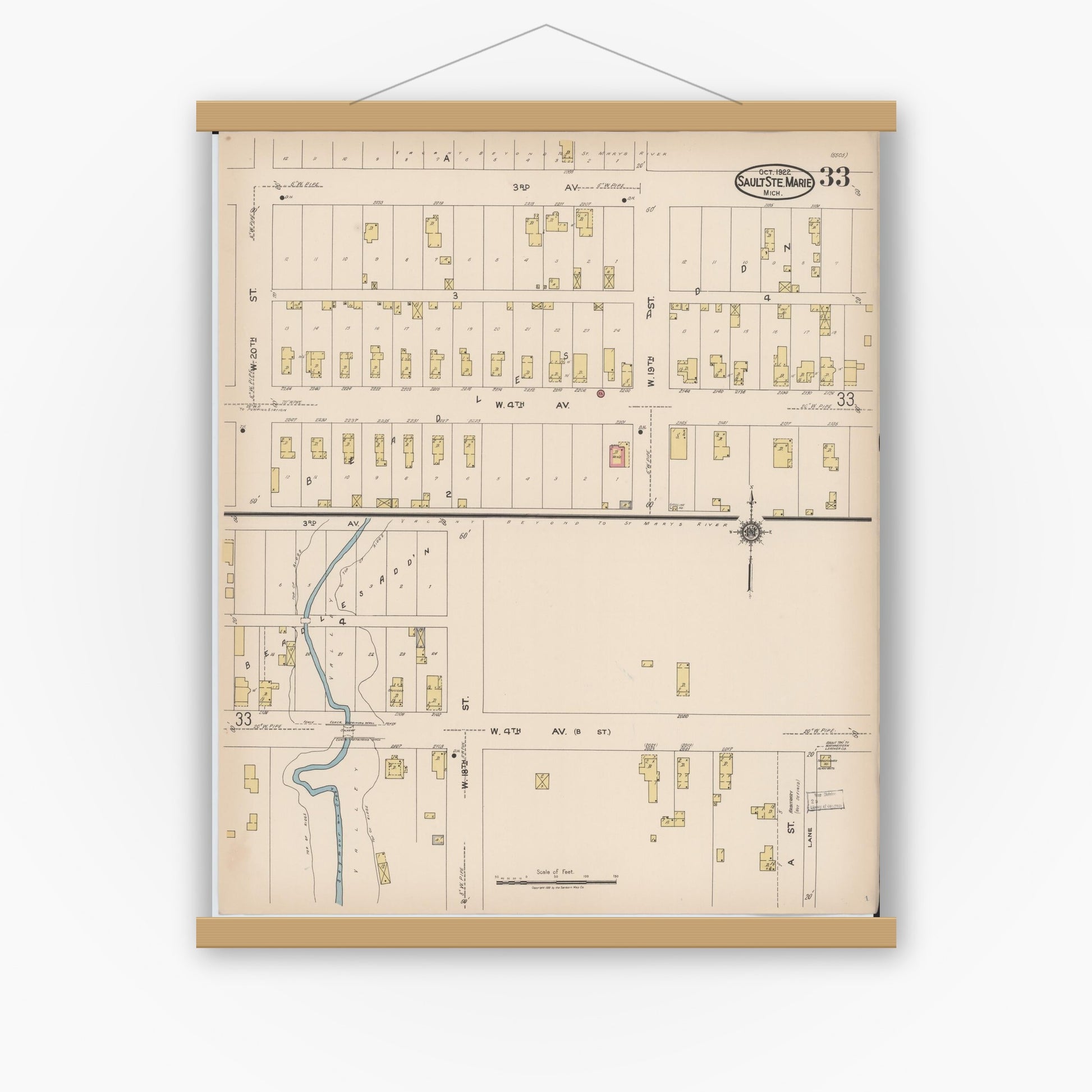 Old map wall art mockup — magnetic wood frame on white wall — Sanborn Fire Insurance Map from Sault Sainte Marie, Chippewa County, Michigan (1922), Sheet #0033