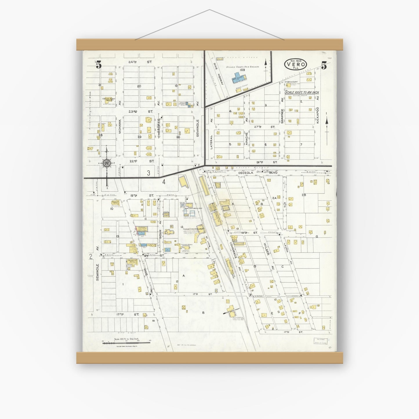 Old map wall art mockup — magnetic wood frame on white wall — Sanborn Fire Insurance Map from Vero Beach, Indian River County, Florida (1923), Sheet #0005