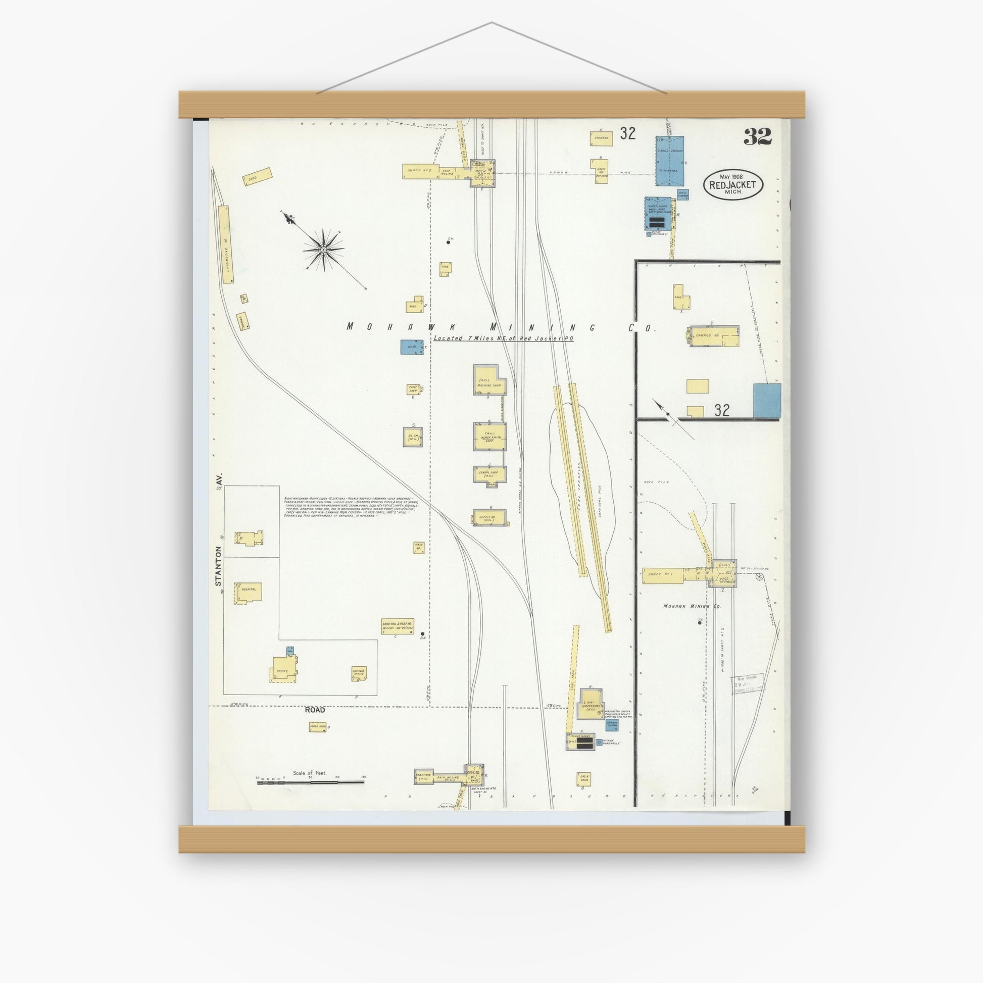 Old map wall art mockup — magnetic wood frame on white wall — Sanborn Fire Insurance Map from Red Jacket, Houghton County, Michigan (1908), Sheet #0032