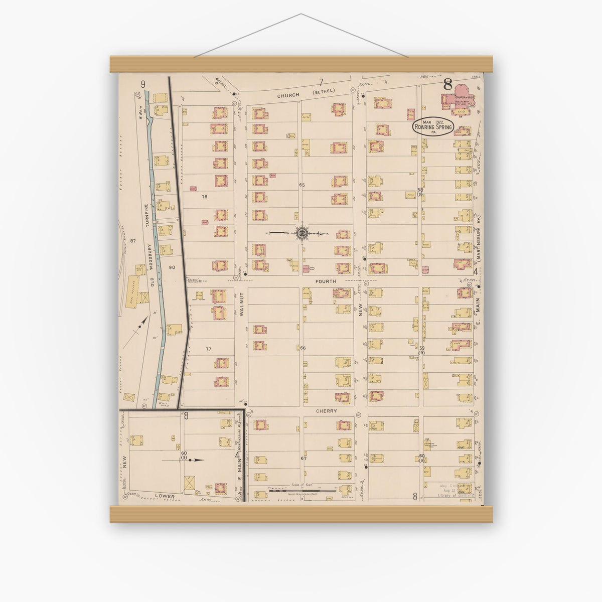 Old map wall art mockup — magnetic wood frame on white wall — Sanborn Fire Insurance Map from Roaring Spring, Blair County, Pennsylvania (1922), Sheet #0008