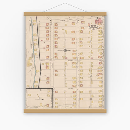 Old map wall art mockup — magnetic wood frame on white wall — Sanborn Fire Insurance Map from Roaring Spring, Blair County, Pennsylvania (1922), Sheet #0008