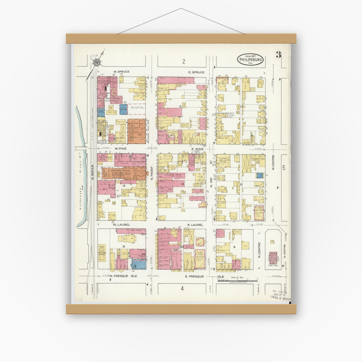 Old map wall art mockup — magnetic wood frame on white wall — Sanborn Fire Insurance Map from Philipsburg, Centre County, Pennsylvania (1917), Sheet #0003