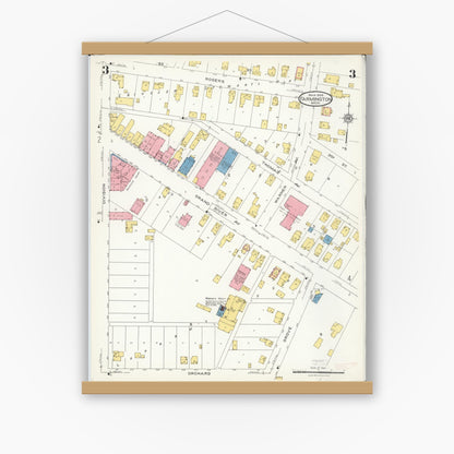 Old map wall art mockup — magnetic wood frame on white wall — Sanborn Fire Insurance Map from Farmington, Oakland County, Michigan (1926), Sheet #0003