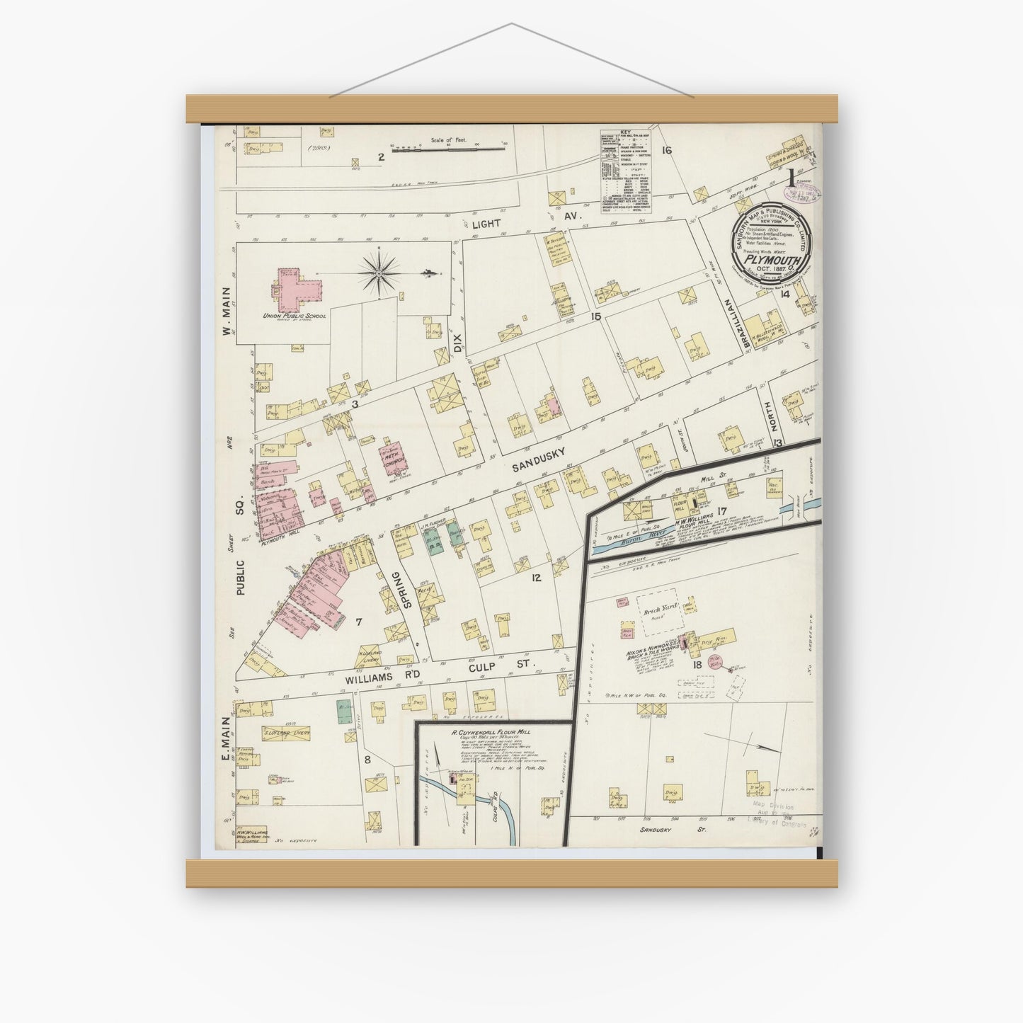 Old map wall art mockup — magnetic wood frame on white wall — Sanborn Fire Insurance Map from Plymouth, Huron And Richland Counties, Ohio (1887) - Complete Map Set