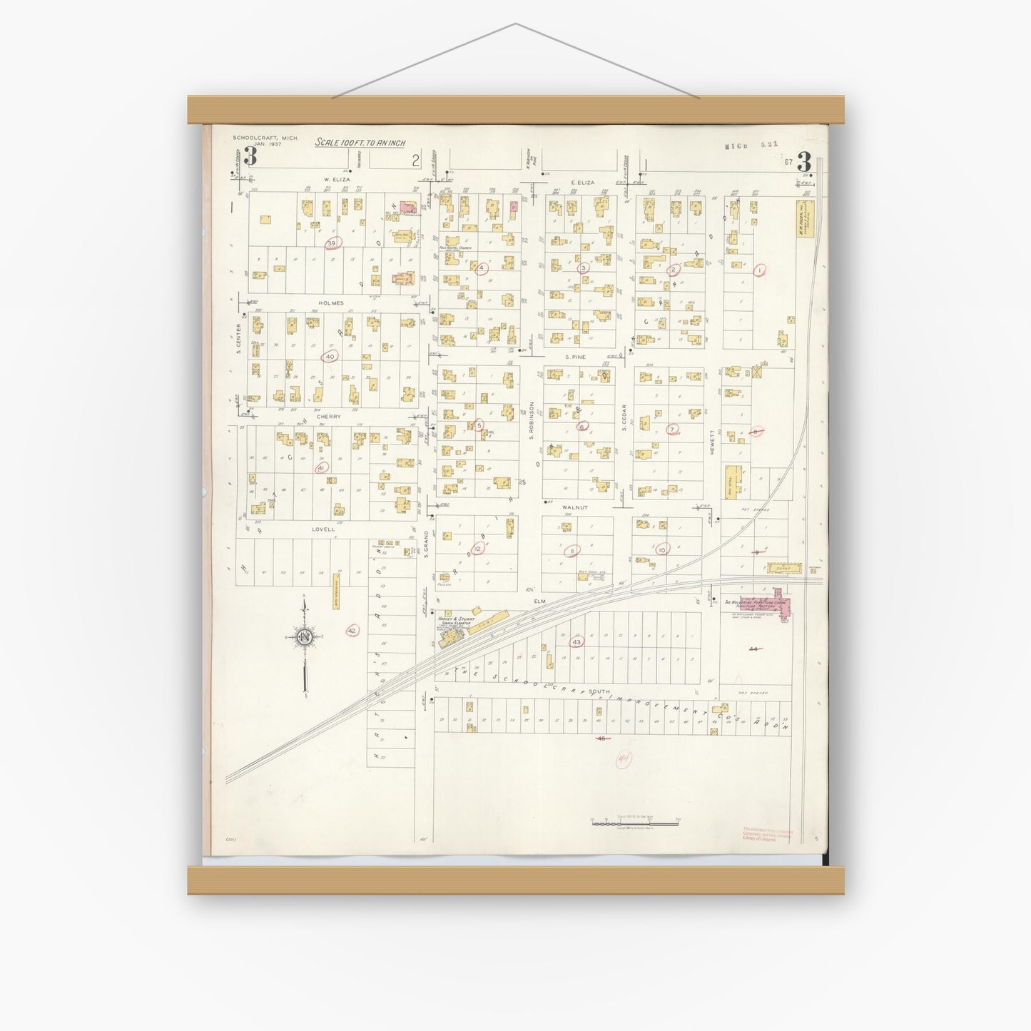 Old map wall art mockup — magnetic wood frame on white wall — Sanborn Fire Insurance Map from Schoolcraft, Kalamazoo County, Michigan (1937), Sheet #0003