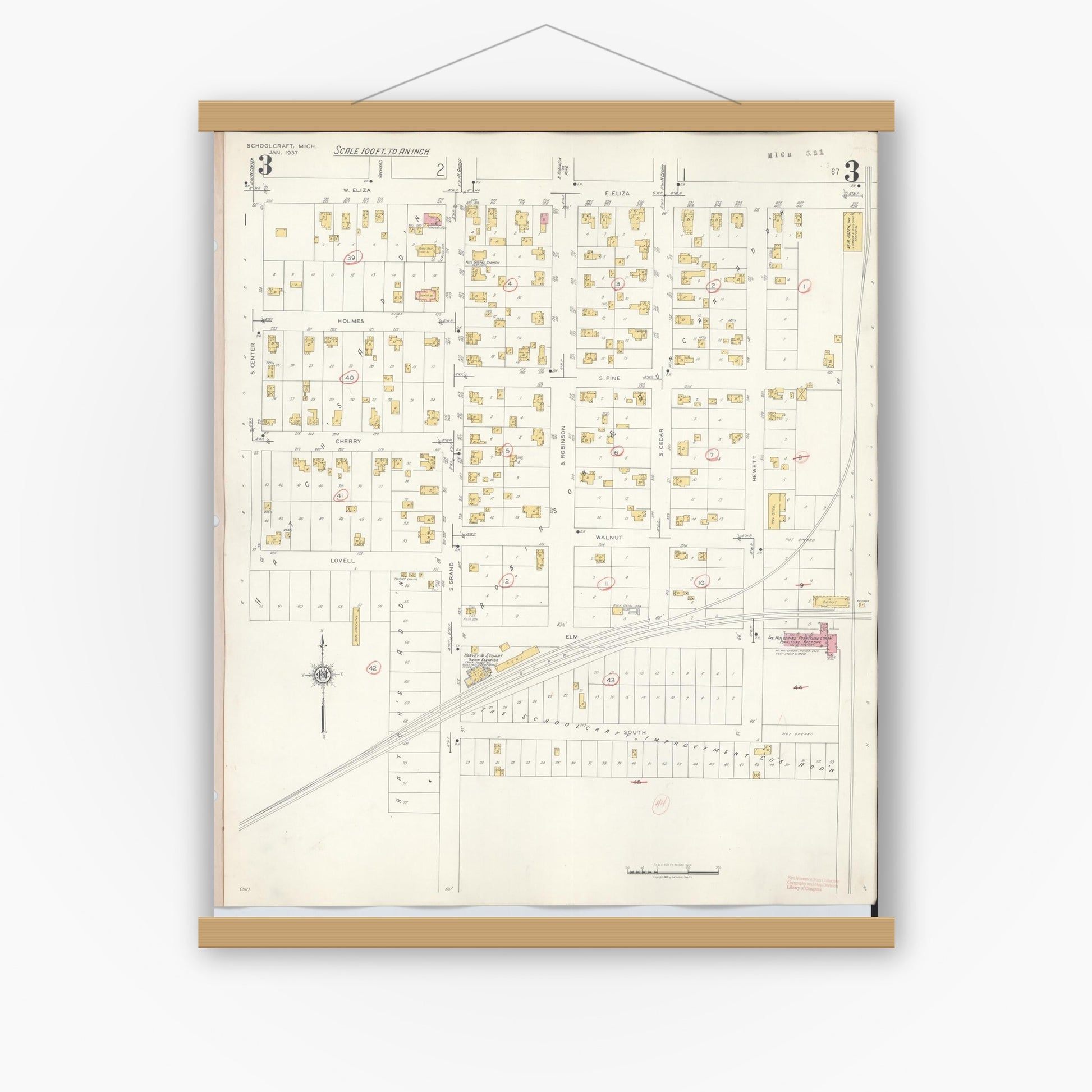 Old map wall art mockup — magnetic wood frame on white wall — Sanborn Fire Insurance Map from Schoolcraft, Kalamazoo County, Michigan (1937), Sheet #0003