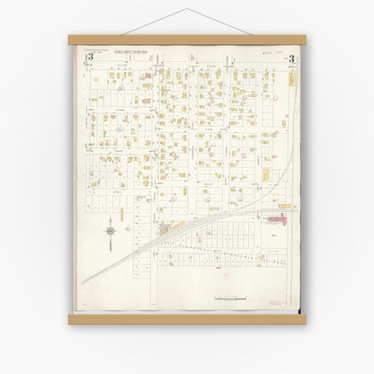 Old map wall art mockup — magnetic wood frame on white wall — Sanborn Fire Insurance Map from Schoolcraft, Kalamazoo County, Michigan (1937), Sheet #0003