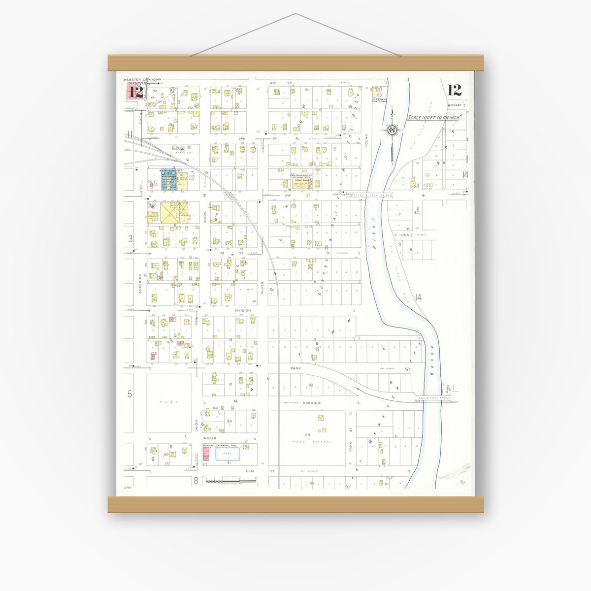Old map wall art mockup — magnetic wood frame on white wall — Sanborn Fire Insurance Map from Webster City, Hamilton County, Iowa (1938), Sheet #0012