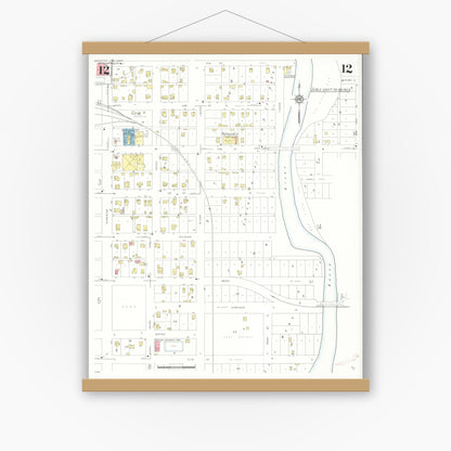 Old map wall art mockup — magnetic wood frame on white wall — Sanborn Fire Insurance Map from Webster City, Hamilton County, Iowa (1938), Sheet #0012