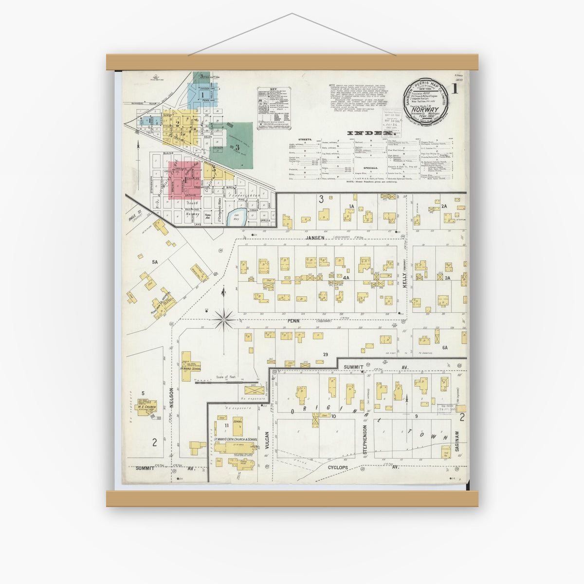 Old map wall art mockup — magnetic wood frame on white wall — Sanborn Fire Insurance Map from Norway, Dickinson County, Michigan (1900), Sheet #0001