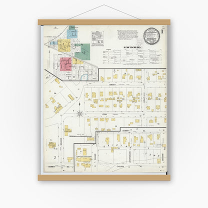 Old map wall art mockup — magnetic wood frame on white wall — Sanborn Fire Insurance Map from Norway, Dickinson County, Michigan (1900), Sheet #0001
