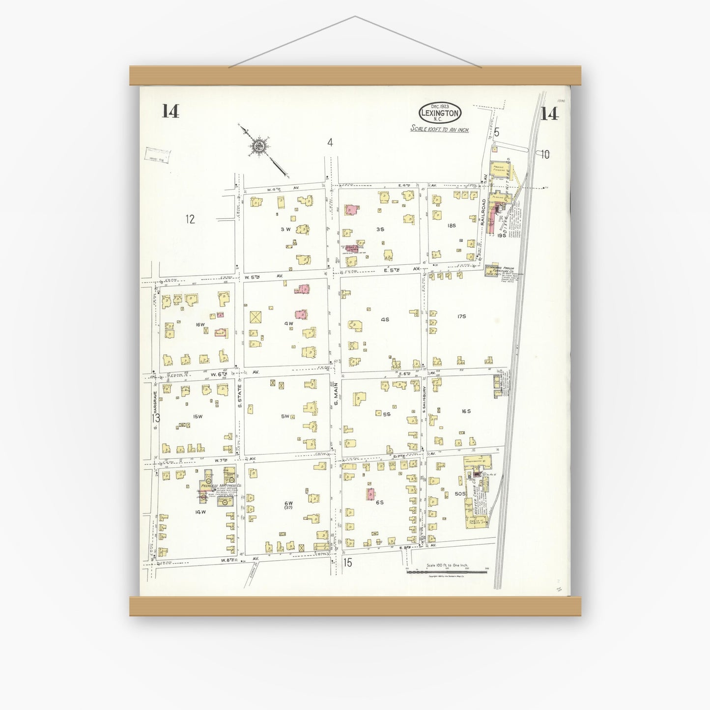 Old map wall art mockup — magnetic wood frame on white wall — Sanborn Fire Insurance Map from Lexington, Davidson County, North Carolina (1923), Sheet #0014