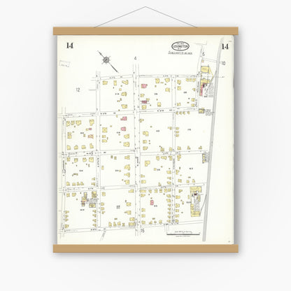 Old map wall art mockup — magnetic wood frame on white wall — Sanborn Fire Insurance Map from Lexington, Davidson County, North Carolina (1923), Sheet #0014
