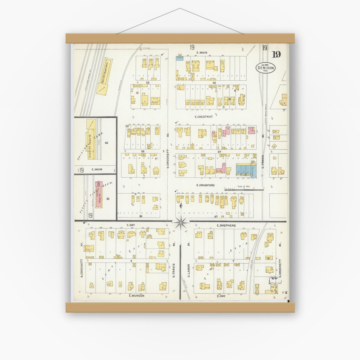 Old map wall art mockup — magnetic wood frame on white wall — Sanborn Fire Insurance Map from Denison, Grayson County, Texas (1903), Sheet #0019