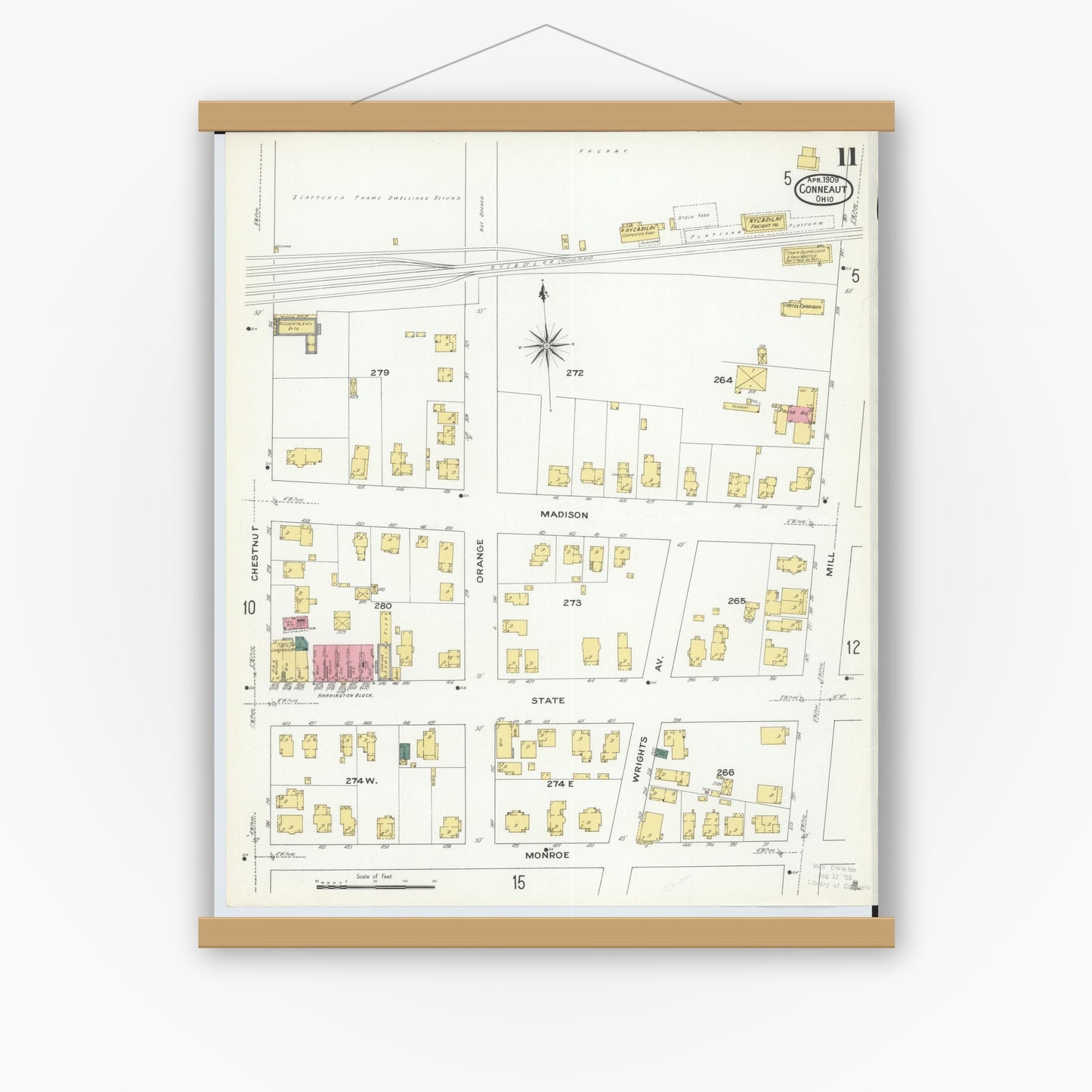 Old map wall art mockup — magnetic wood frame on white wall — Sanborn Fire Insurance Map from Conneaut, Ashtabula County, Ohio (1909), Sheet #0011