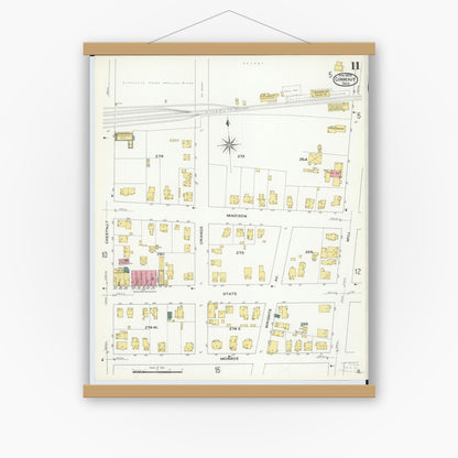 Old map wall art mockup — magnetic wood frame on white wall — Sanborn Fire Insurance Map from Conneaut, Ashtabula County, Ohio (1909), Sheet #0011