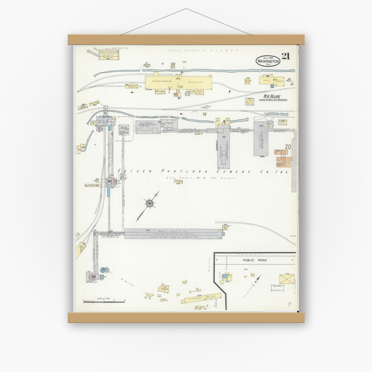 Old map wall art mockup — magnetic wood frame on white wall — Sanborn Fire Insurance Map from Washington, Warren County, New Jersey (1914), Sheet #0021