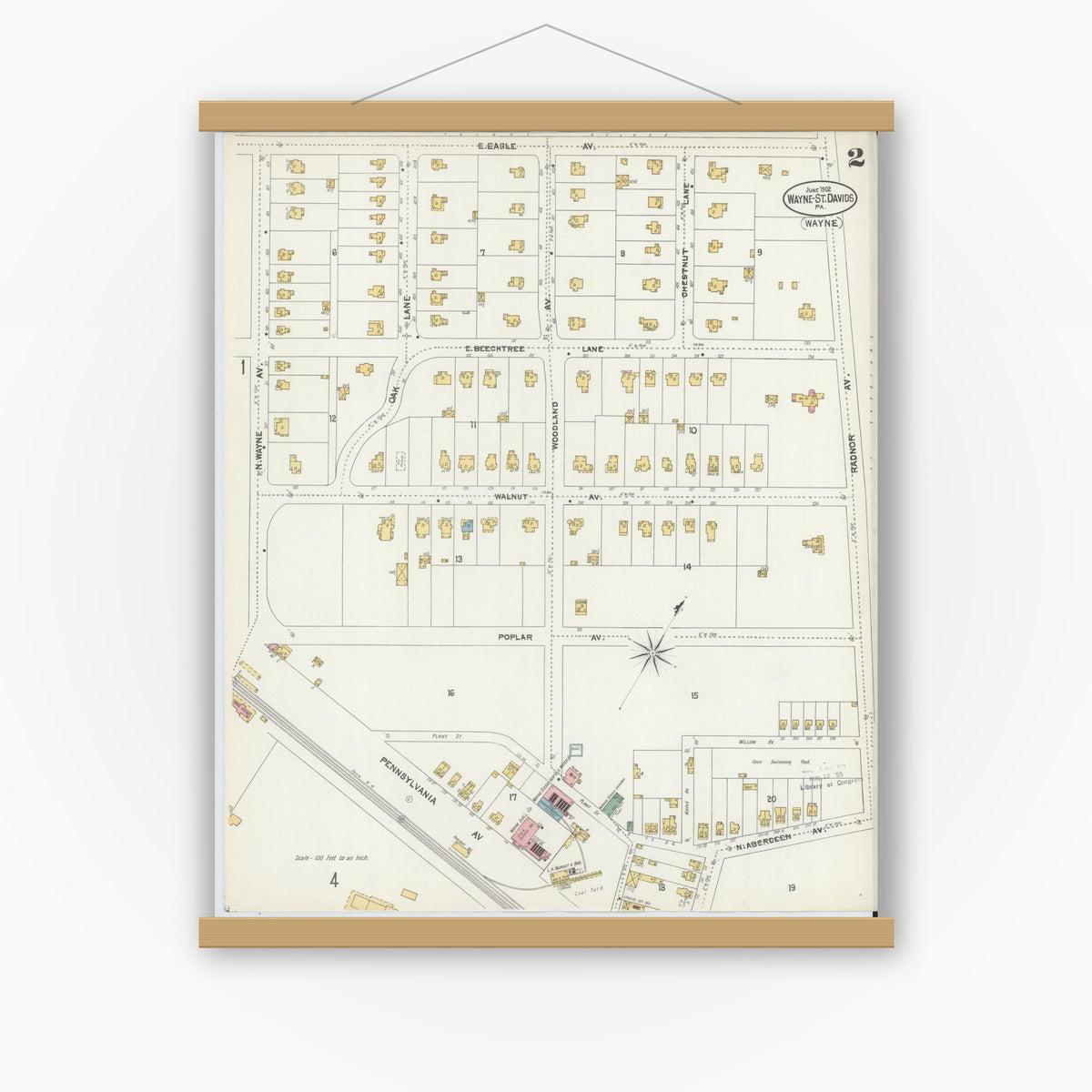 Old map wall art mockup — magnetic wood frame on white wall — Sanborn Fire Insurance Map from Wayne, Delaware County, Pennsylvania (1902), Sheet #0002