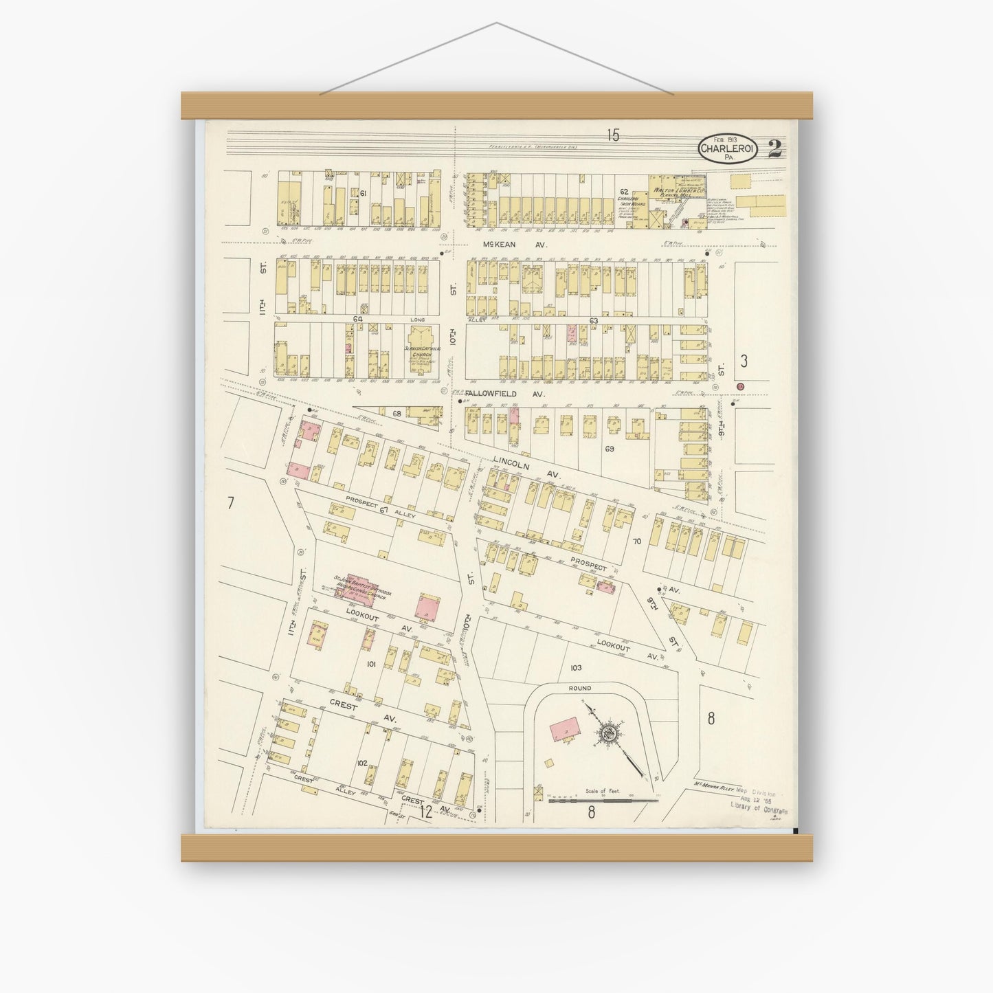 Old map wall art mockup — magnetic wood frame on white wall — Sanborn Fire Insurance Map from Charleroi, Washington County, Pennsylvania (1913), Sheet #0002