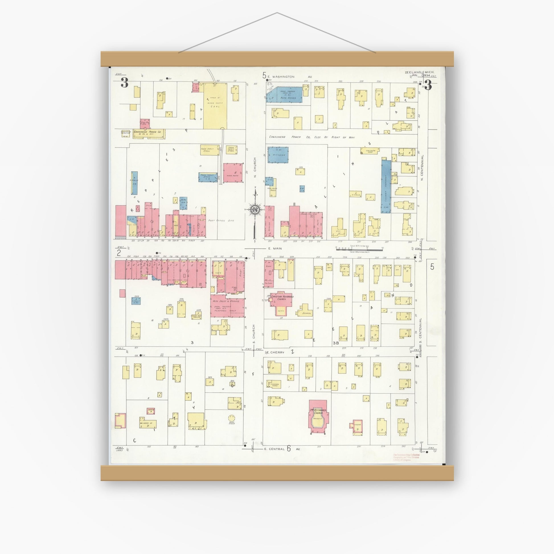 Old map wall art mockup — magnetic wood frame on white wall — Sanborn Fire Insurance Map from Zeeland, Ottawa County, Michigan (1934), Sheet #0003