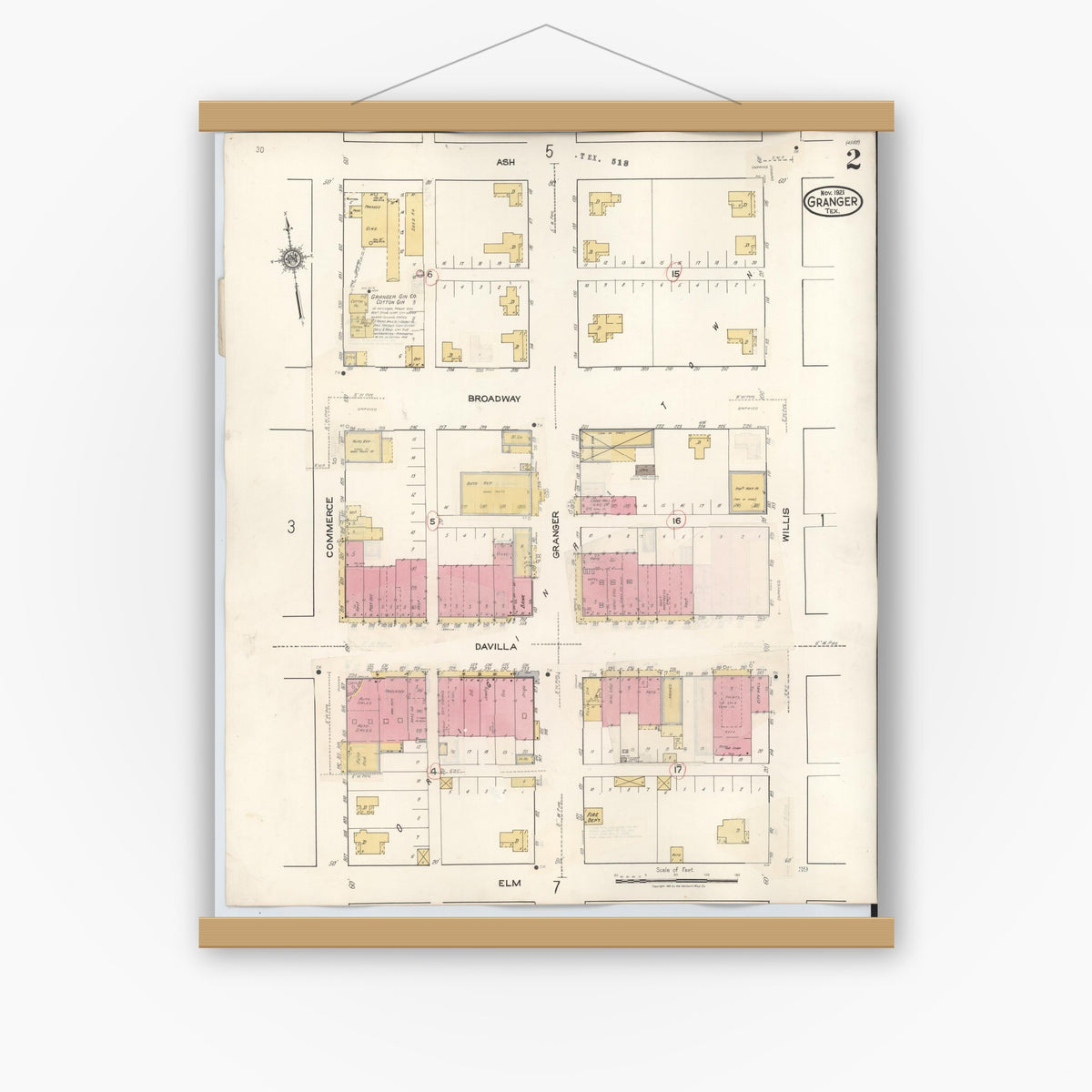 Old map wall art mockup — magnetic wood frame on white wall — Sanborn Fire Insurance Map from Granger, Williamson County, Texas (1940), Sheet #0002