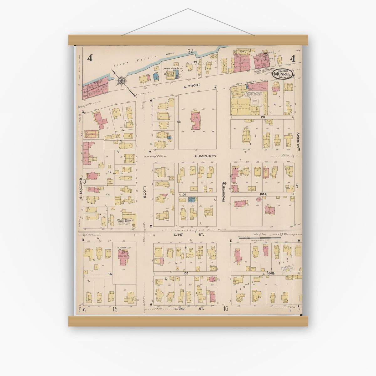 Old map wall art mockup — magnetic wood frame on white wall — Sanborn Fire Insurance Map from Monroe, Monroe County, Michigan (1922), Sheet #0004