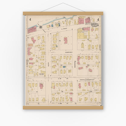 Old map wall art mockup — magnetic wood frame on white wall — Sanborn Fire Insurance Map from Monroe, Monroe County, Michigan (1922), Sheet #0004