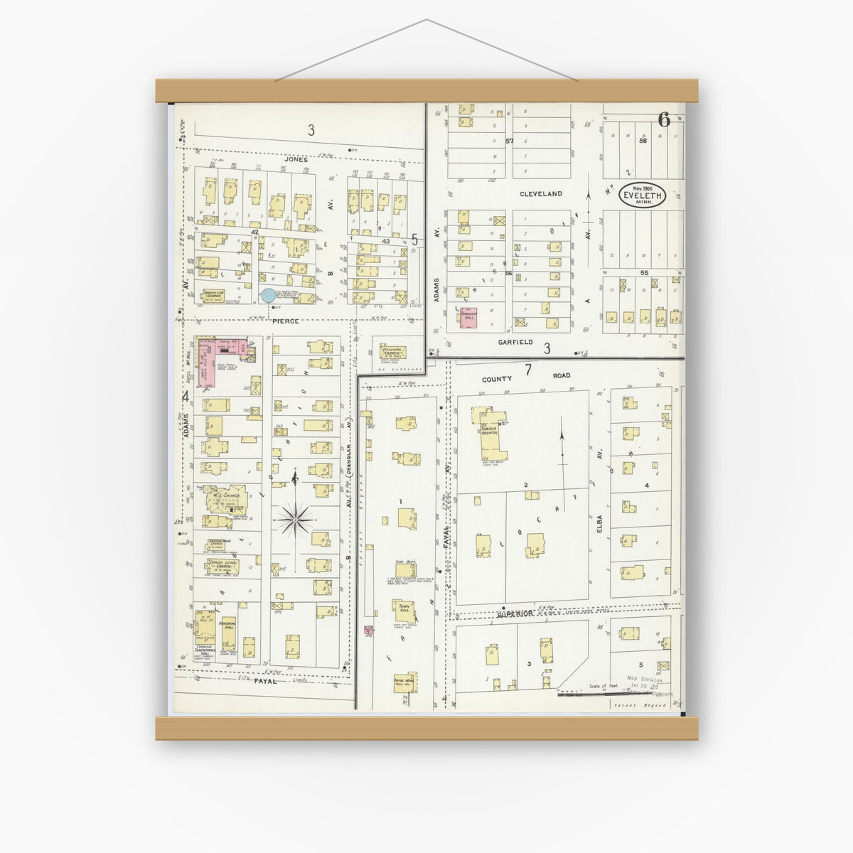 Old map wall art mockup — magnetic wood frame on white wall — Sanborn Fire Insurance Map from Eveleth, Saint Louis County, Minnesota (1906), Sheet #0006
