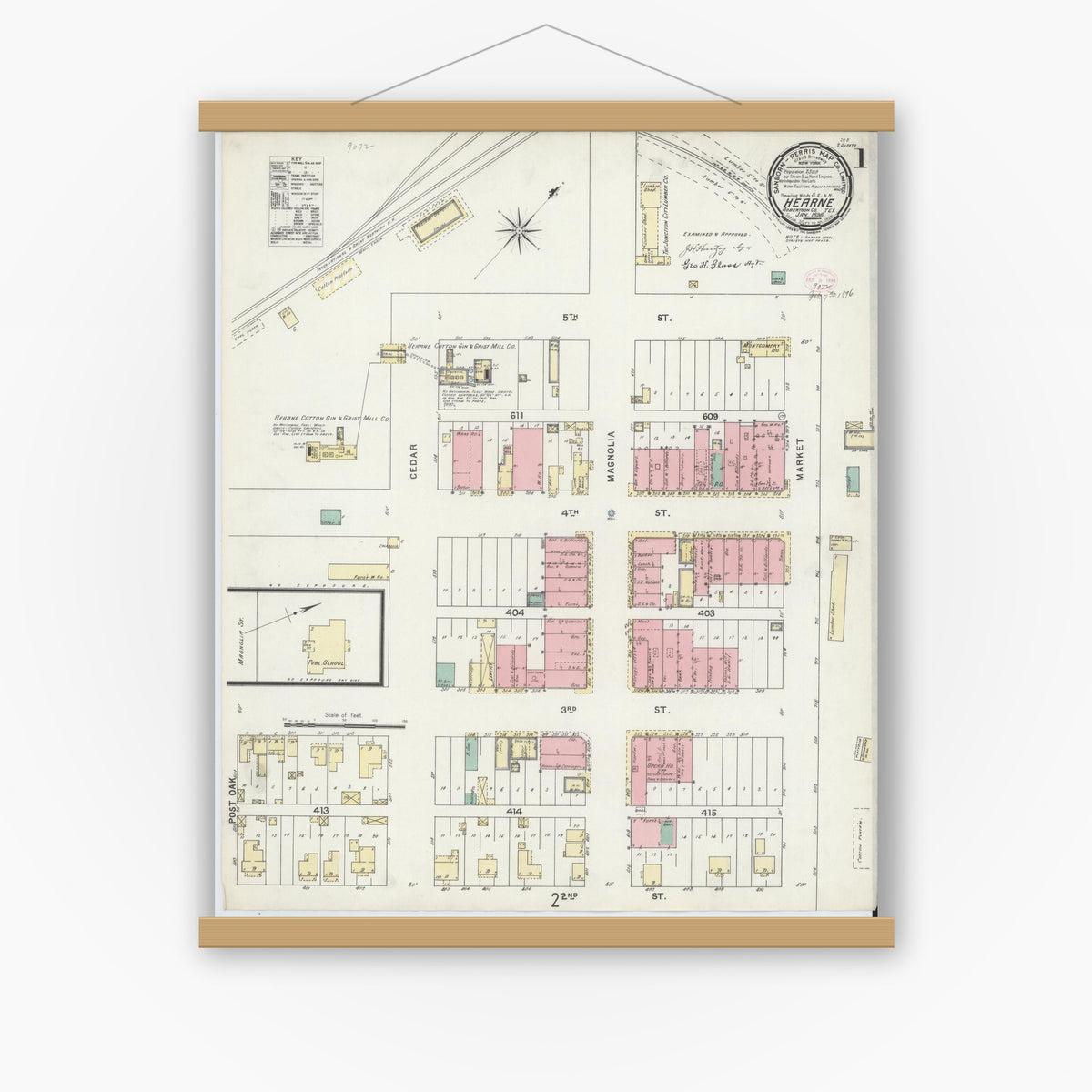 Old map wall art mockup — magnetic wood frame on white wall — Sanborn Fire Insurance Map from Hearne, Robertson County, Texas (1896), Sheet #0001