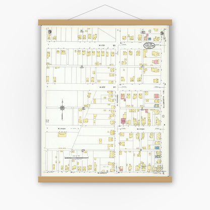 Old map wall art mockup — magnetic wood frame on white wall — Sanborn Fire Insurance Map from Salem, Columbiana County, Ohio (1926), Sheet #0009