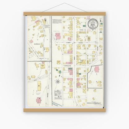 Old map wall art mockup — magnetic wood frame on white wall — Sanborn Fire Insurance Map from Scio, Harrison County, Ohio (1907), Sheet #0001