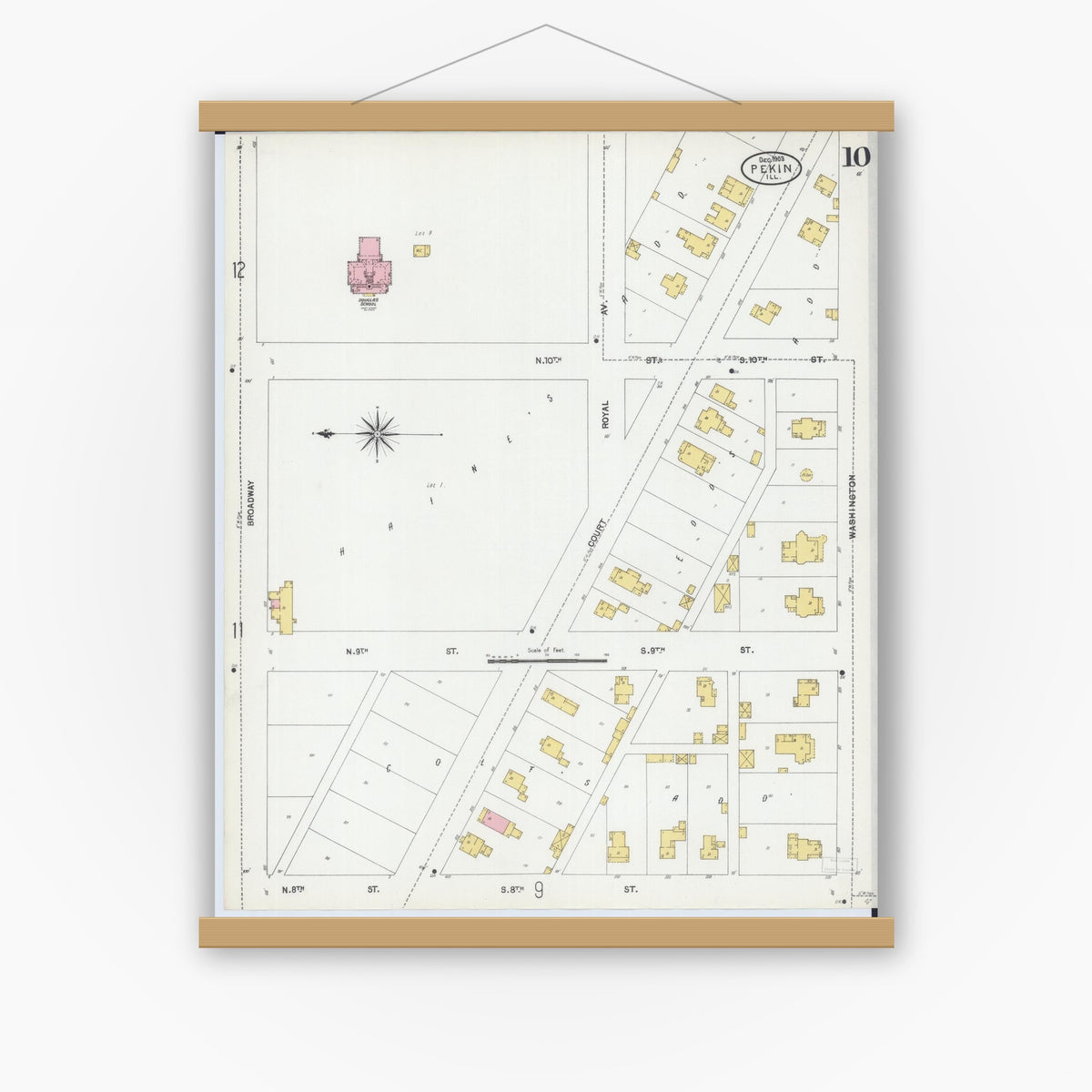 Old map wall art mockup — magnetic wood frame on white wall — Sanborn Fire Insurance Map from Pekin, Tazewell County, Illinois (1903), Sheet #0010