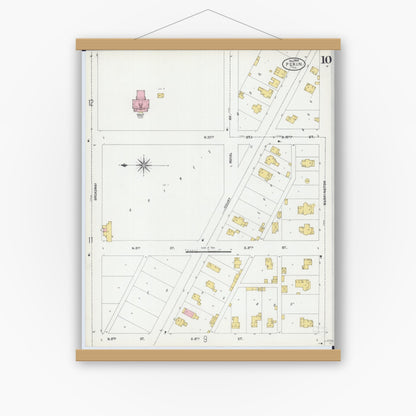 Old map wall art mockup — magnetic wood frame on white wall — Sanborn Fire Insurance Map from Pekin, Tazewell County, Illinois (1903), Sheet #0010