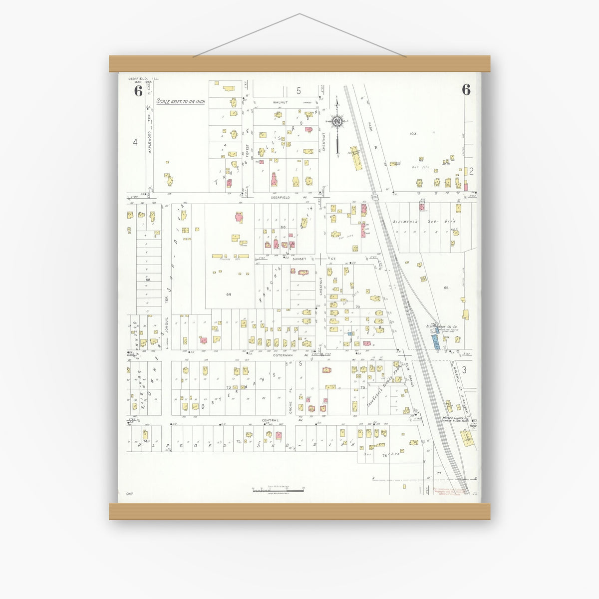 Old map wall art mockup — magnetic wood frame on white wall — Sanborn Fire Insurance Map from Deerfield, Lake County, Illinois (1935), Sheet #0006