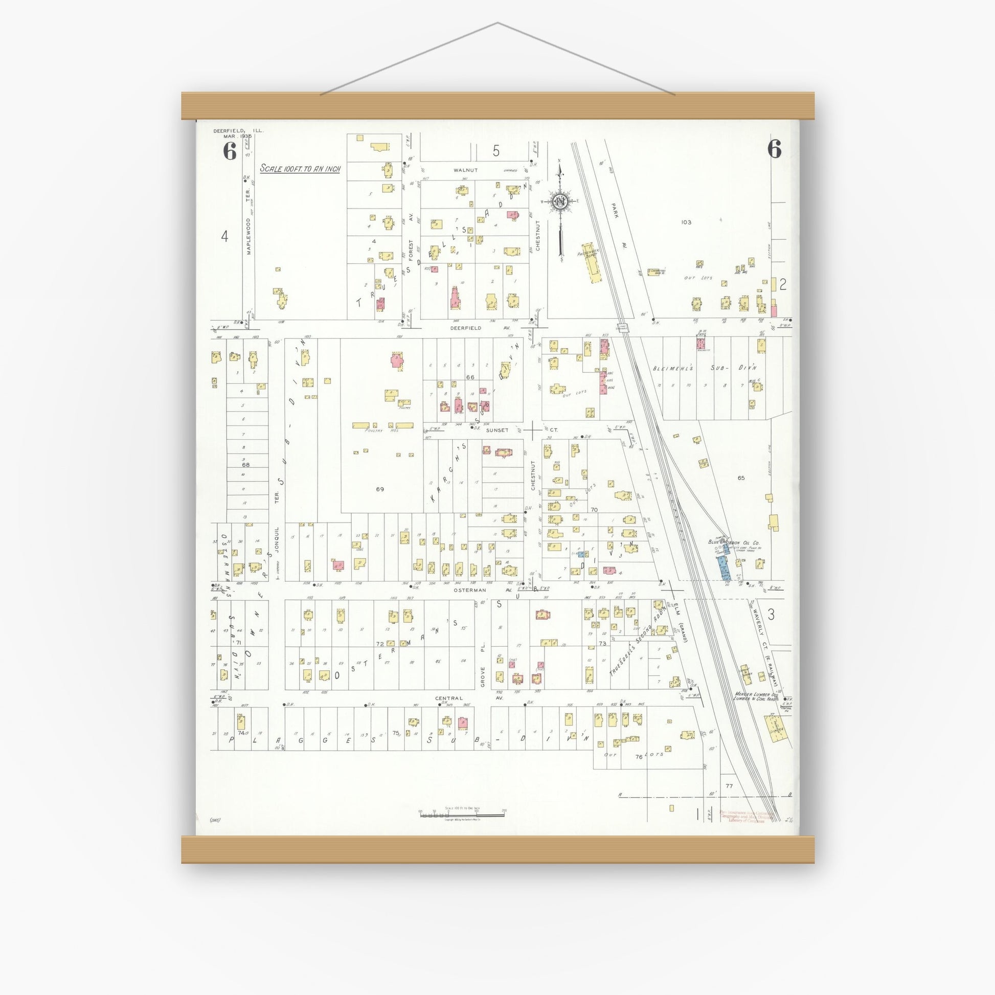 Old map wall art mockup — magnetic wood frame on white wall — Sanborn Fire Insurance Map from Deerfield, Lake County, Illinois (1935), Sheet #0006