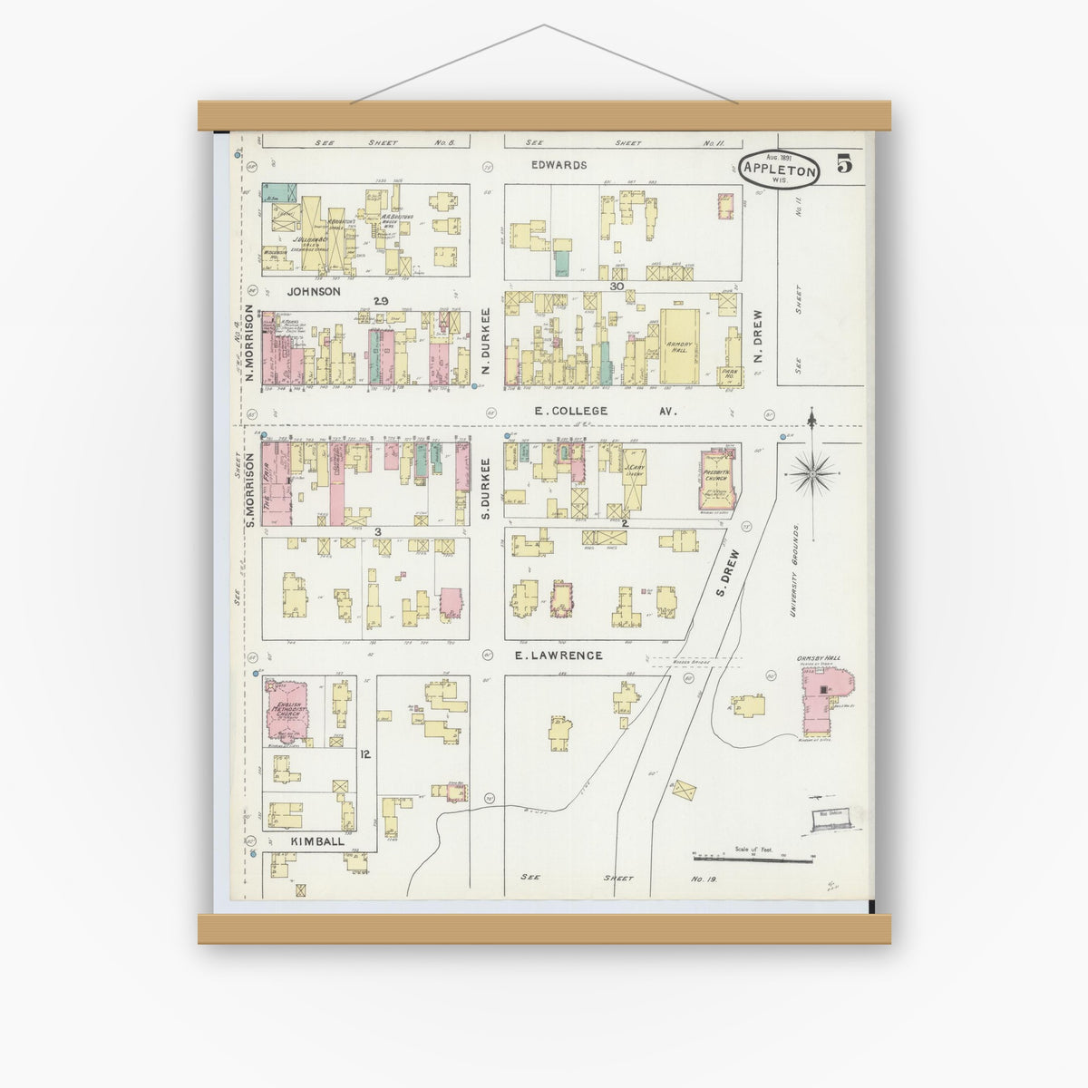 Old map wall art mockup — magnetic wood frame on white wall — Sanborn Fire Insurance Map from Appleton, Outagamie County, Wisconsin (1891), Sheet #0005