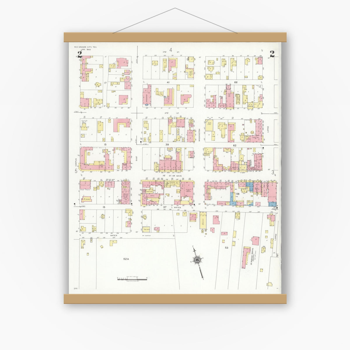 Old map wall art mockup — magnetic wood frame on white wall — Sanborn Fire Insurance Map from Rio Grande City, Starr County, Texas (1940), Sheet #0002