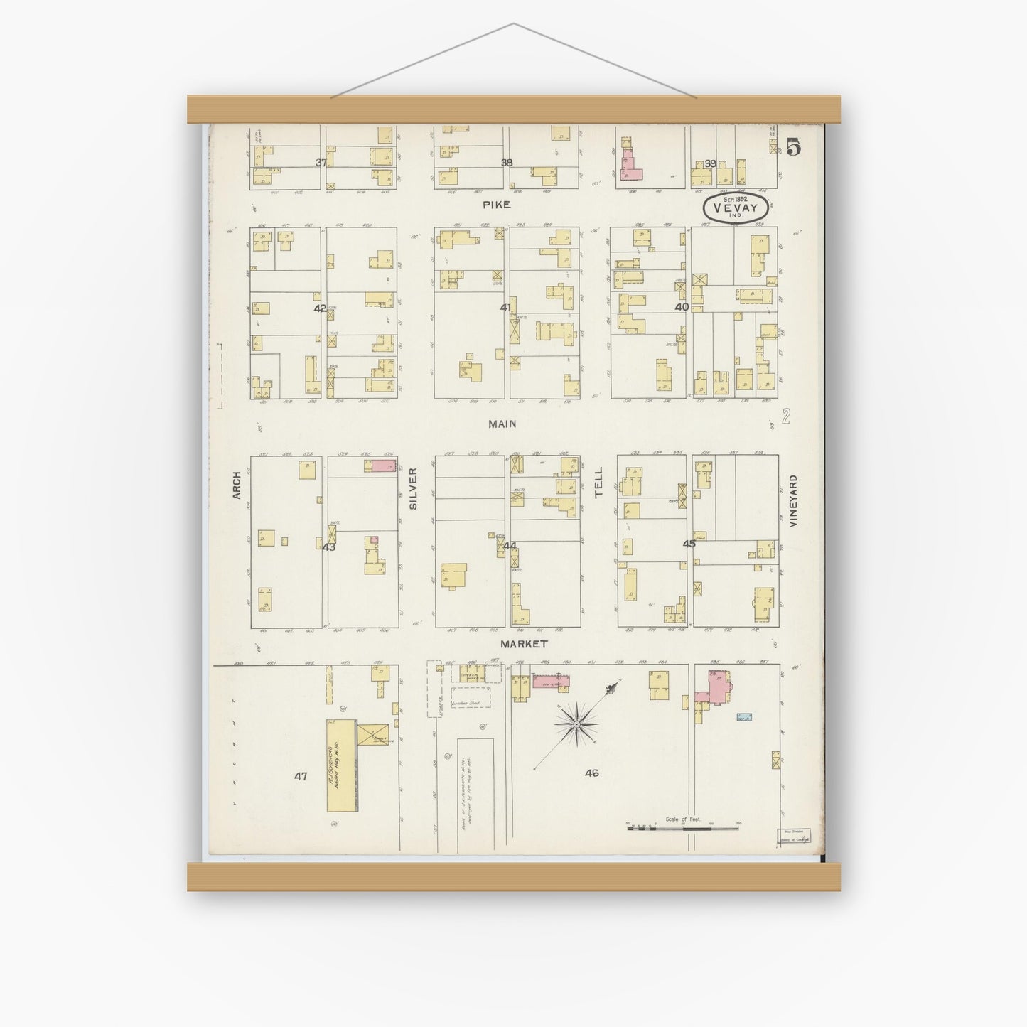 Old map wall art mockup — magnetic wood frame on white wall — Sanborn Fire Insurance Map from Vevay, Switzerland County, Indiana (1892), Sheet #0005