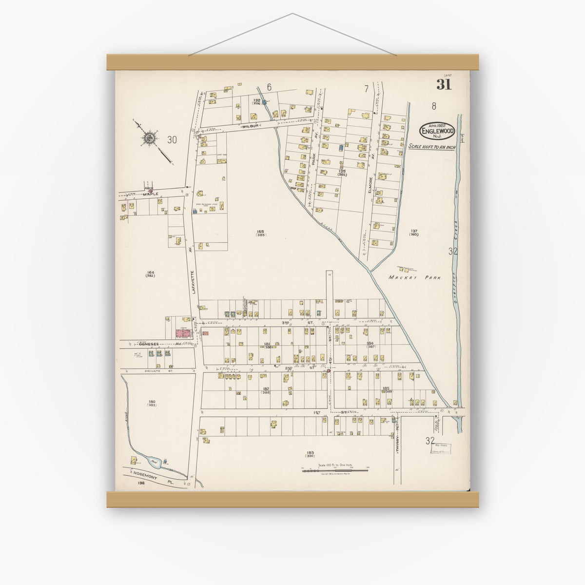 Old map wall art mockup — magnetic wood frame on white wall — Sanborn Fire Insurance Map from Englewood, Bergen County, New Jersey (1922), Sheet #0031
