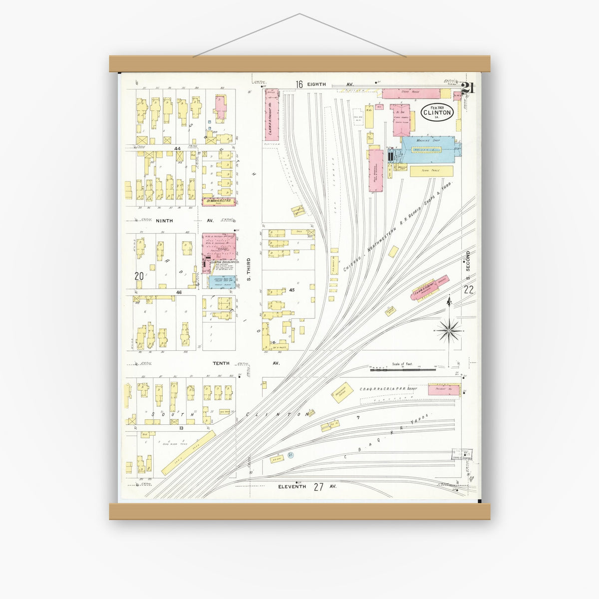 Old map wall art mockup — magnetic wood frame on white wall — Sanborn Fire Insurance Map from Clinton, Clinton County, Iowa (1909), Sheet #0021